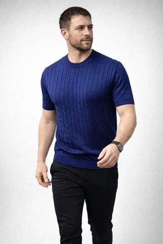 Veraura Lifestyle Erkek Yazlık Triko Dokuma Tişört Kısa Kol Bisiklet Yaka Örgü Desenli T-shirt - Lacivert
