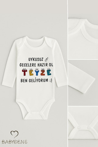 Babyden's Uykusuz Gecelere Hazır Ol Teyze, Ben Geliyorum Yazılı Uzun Kollu Bebek Zıbını Pamuklu Body Beyaz