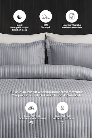Evlen Home Judy Pamuklu Yatak Örtüsü Pike Takımı Çift Kişilik Çizgili Günlük Sade Düz Gri Gri