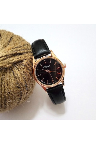 Retro Kadın Kol Saati, Vintage Minimal, Rose Gold Renk, Çizgili Kadran, Koyukahverengi Kordon Rose Gold Siyah Kordon Altın
