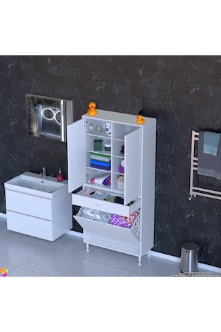 Eliusta Reli Dolap Beyaz Çok Kullanımlı 80 Cm Eninde Banyo Dolabı 80x171x32,5 Cm 2 Kapak 6 Raf Dolap Beyaz
