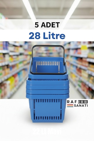 5 Adet - 28 Litre Plastik Market Alışveriş Sepeti Saplı Dayanıklı Market Mağaza El Sepeti Mavi