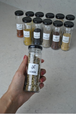 12 Adet 105 Cc Cam Baharatlık Seti 105 Ml Sızdırmaz Kapaklı Yuvarlak Baharatlık / 16'lı Etiket Şeffaf-siyah