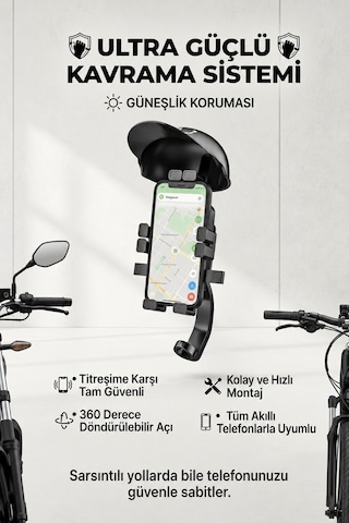 Şapka Korumalı Motosiklet Telefon Tutucu Gidon Ve Dikiz Aynası Uyumlu Siyah