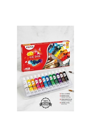 Guaj Boya 12 Renk 12 Ml 1 Paket Fatih Guaj Boya 12 Li Canlı Renkler Ahşap Tuval Taş Ağaç Resim Dersi Okul Öğrenci Çok Renkli