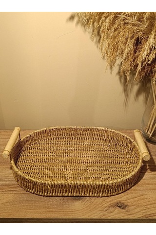 Hasır Rattan Bambu Kulplu Örme Tepsi Orta Boy Oval Diğer