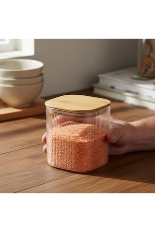 Bambu Kapaklı Kare Cam Saklama Kavanozu 10x10 Cm - Vakum Kapaklı Şeffaf Erzak Kabı Ve Mutfak Düzenleyici Organiza Diğer