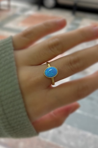 Gümüş Mavi Opal Taşlı Altın Kaplama Yüzük Sarı