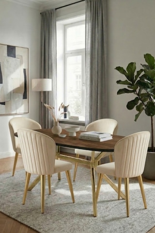Sanderya Grid Serisi Gold Ayaklı Ceviz 85x170 Mutfak Salon Masa Takımı 4 Sandalye Çok Renkli