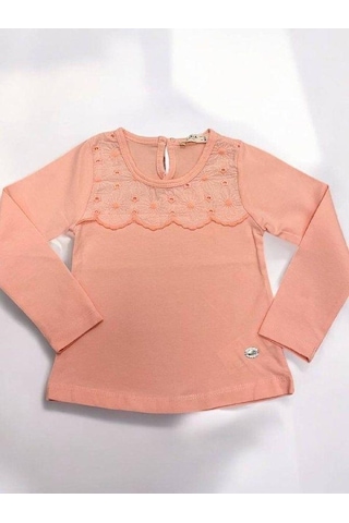 Kız Çocuk Çiçek Detaylı Pamuklu İnce Uzun Kollu Bluz-14829 Pembe