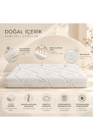 Garga Premium 10 CM Çocuk Yatağı Bebek Yatağı - Yünlü Ortopedik Park Yatak, Beşik & Anne Yanı Uyumlu 55 x 110