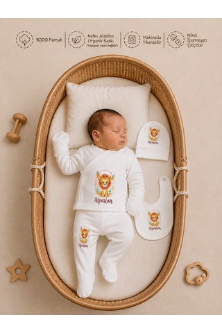 Pia Baby Erkek Bebek 5'li Zıbın Seti %100 Pamuk İsimli Kişiye Özel Organik Baskılı 1011z3x Krem