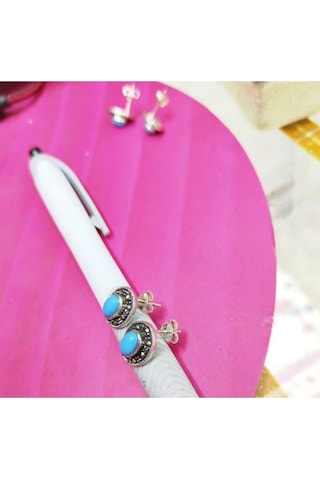 Oriental Kuyumculuk Jewellery Firuze Taşlı Markazit Gümüş Oval Küpe Mavi