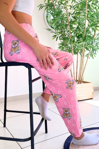 Dreamy Soft Kadife Dokulu Ayıcık Desenli Süet Pijama Altı Pantolon Pembe