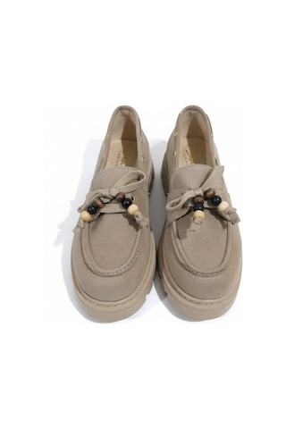 Efw Kadın Yüksek Kaymaz Taban Bej Süet Boncuklu Bağcıklı Loafer Oxford Ayakkabı