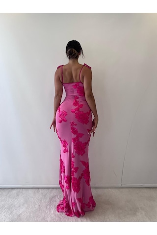 Pink Life Pembe Ayarlanabilir Askılı Çiçekli Astarlı Maksi Pembe