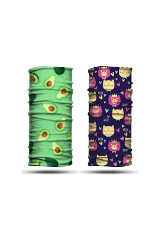 Dair Avokado - Kedi Desenli 2'li Set Boyunluk Bandana Outdoor Balaklava Yüz Maskesi Kafa Bandı