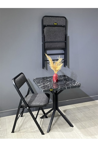 Mercan Siyah Mermer 2 Kişilik Kare Mutfak Yemek Masası Takımı 2+1 Keten Gri 60 Cm Siyahmermer Gri 2'li