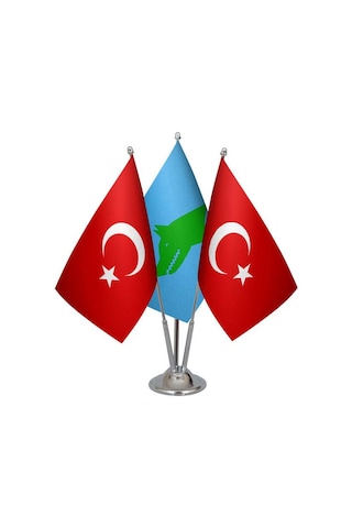 Masa Üstü Göktürk Bayrağı Türk Bayrağı Üçlü Krom Direk Masa Bayra