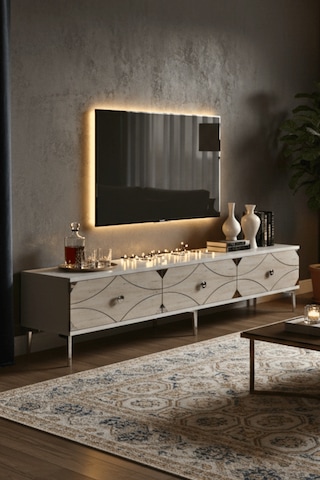 Tsa1897bts - Alfa Tsa180 Tv Stand, Tv Sehpası Ve Tv Ünitesi Beyaz - Traverten - Sılver 180cm