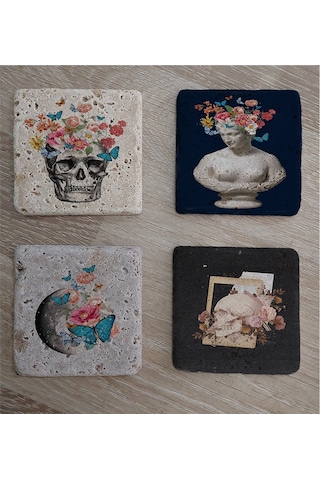 Çiçekli Heykel Kuru Kafa Ve Dünya Doğal Taş Bardak Altlığı 4'lü Set - Natural Stone Coasters - Taş Çok Renkli