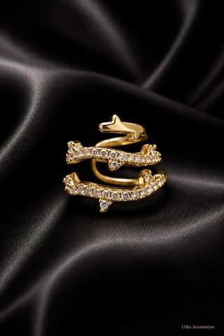 Gold Sıralı Taşlı Çelik Kıkırdak Küpe Earcuff Altın