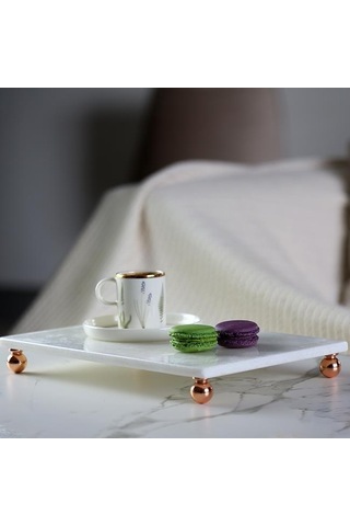 Akayev Mermer Beyaz 30x20 Cm Rose Gold Boncuk Ayak Sunumluk