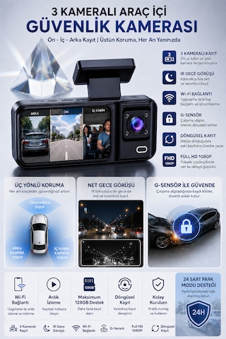 3 Kameralı Araç İçi Kamera Full HD 1080P Ön Arka İç Kamera IR Gece Görüşü G-Sensör Dashcam
