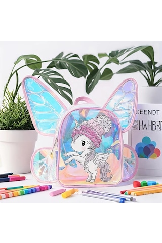 Wangxi 1 Adet Sevimli Pembe Tek Boynuzlu At Mini Sırt Çantası Büyük Kelebek Kanatları Şeffaf Tpu Ayarlanabilir Askı Fermuar Kapatma Hafif Kolej İçin Doğum Günü Hediyesi Altın