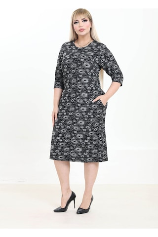 Çift Cepli Desenli Esnek Kışlık Büyük Beden Desenli Midi Elbi... Siyah