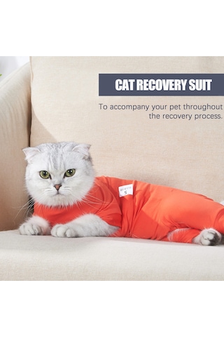Vkemall Kedi Ameliyat Sonrası Kolluk, Dört Ayaklı, Yırtık Yeme Engeli, Esnek Kumaş, Turuncu, S Boyutu