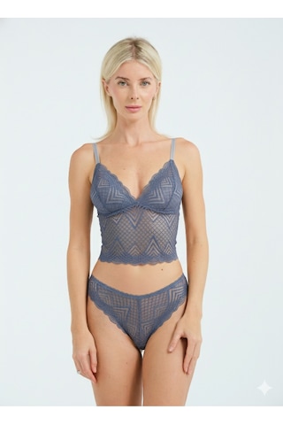 Dantel Detaylı Esnek Bralet & Slip Takımı Gri