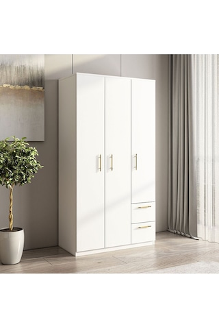 Merlin 3 Kapaklı, Çekmeceli, Raflı Gardırop, Yatak Odası Dolap, Elbise Dolabı İstanbul Ceviz - 172 Cm / Beyaz