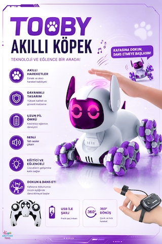 Uzaktan Kumandalı Bilek Kontrollü 8 Tekerli Akrobat Tooby Oyuncak Robot Köpek Araba 26 Cm. Tooby Mor
