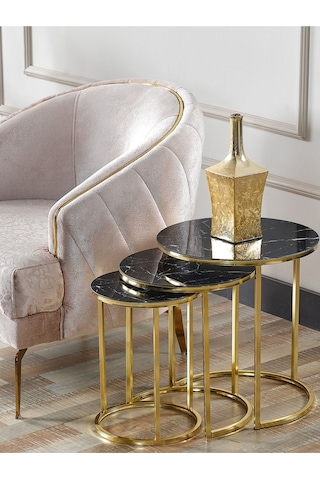 3' Lü Siyah Mermer Gold Metal Sehpa