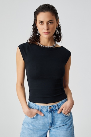Grımelange Noemı Kadın Balerin Yaka Kısa Kol Slim Fit Ribanalı Siyah Bluz Siyah