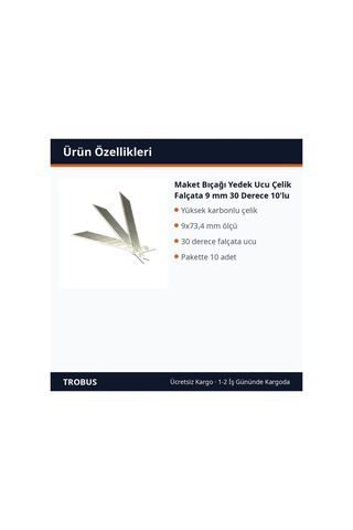 Trobus Maket Bıçağı Yedek Ucu Çelik Falçata 9 Mm 30 Derece 10'lu