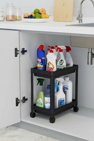 Orret Home 2 Katlı Tekerlekli Tezgah Altı Raf Organizer Düzenleyici Raf Ünitesi, Evye Altı Dolap İçi Düzenleyici, Mutfak Banyo Deterjanlık Şampuanlık Sebzelik,taşınabilir Saklama Rafı Siyah