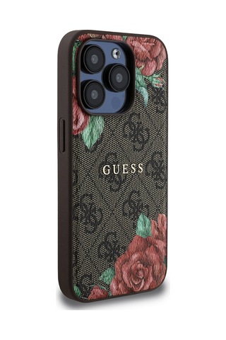 Apple Uyumlu iPhone 15 Pro Kılıf Guess Lisanslı Magsafe Şarj Özellikli Gül Baskılı Yazı Logolu Kapak Kahverengi