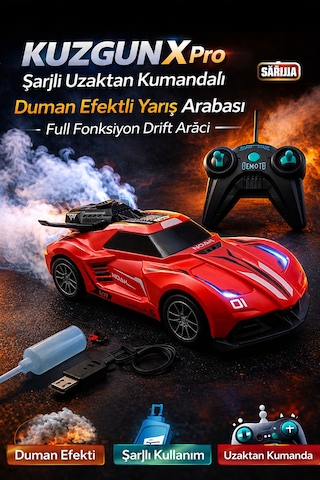 Kuzgun X Pro Kırmızı Şarjlı Uzaktan Kumandalı Duman Efektli Yarış Arabası Full Fonksiyon Drift Aracı