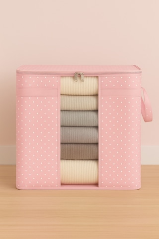 Serstil Pencereli Saklama Çantası Yorgan Battaniye Saklama Hurcu 50 X 45 X 30 Cm - Pembe Benekli Pembe Puantiye