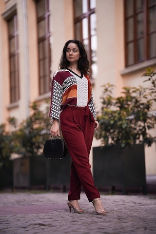 Kadın Geometrik Desenli Blok Renkli Bluz Frn1103 Kırmızı