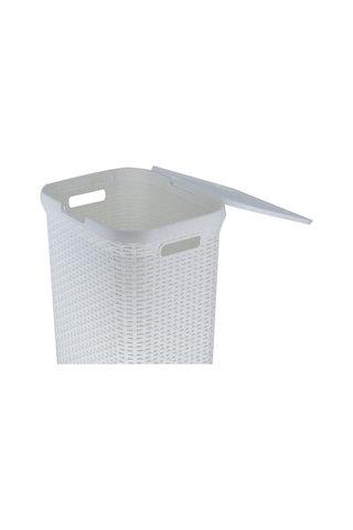 Hasır Desenli Plastik Beyaz Çamaşır Sepeti & Beyaz Çamaşır Selesi Beyaz