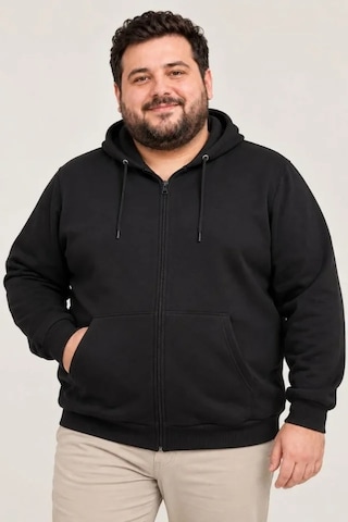Suma Erkek Battal Büyük Beden Üç İplik İçi Şardonlu Kapüşonlu Tam Fermuarlı Kışlık Sweatshirt - Siyah