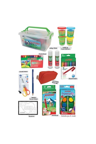 Okul Kırtasiye Seti 15 Parça 1 Paket Alpino Keçeli Kalem Kuruboya Pastel Boya Oyun Hamuru Makas Stick Yapıştırıcı