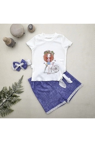 Peruflic 1-2-3 Yaş Bisikletli Kız Baskılı Bandanalı Kot Desenli Şort Kısa Kollu Tişört 3lü Kız Bebek Takımı Mavi