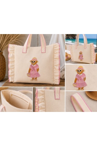 Shules Collection Teddy Serisi Naturel Kanvas Büyük Plaj Çantası Pembe