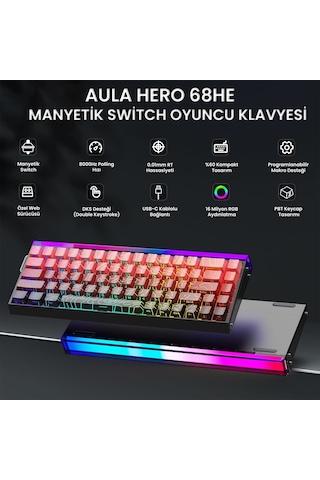 Aula Hero 68 He Manyetik Klavye Rapid Trigger Dragon King Switch 8000hz Rgb Neon Tkl Hot Swap Oyuncu Klavyesi Kırmızı