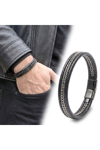 Moncuk Design Siyah Renk Balıksırtı Çelik Zincir Orijinal Deri Erkek Bileklik 33516b1d2 Çok Renkli 62570854