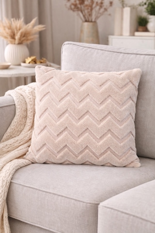 Peluş Dekoratif Kırlent Kılıfı İskandinav Zigzag-balıksırtı 4 Lü Set 42x42 Cm Vizon